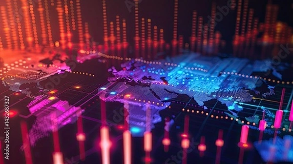 Obraz Global Financial Data Visualization with Line Graphs on World Map, Analytics Datapoints ,Global Finance Network Abstract World Map with Glowing Lines and Financial Data Visualizations