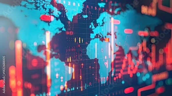 Obraz Global Financial Data Visualization with Line Graphs on World Map, Analytics Datapoints ,Global Finance Network Abstract World Map with Glowing Lines and Financial Data Visualizations