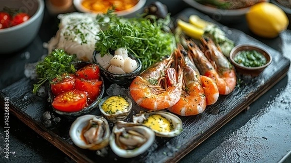 Fototapeta Sea-themed restaurant menu displayed on a wooden blackboard, creating a nautical-inspired food presentation. 