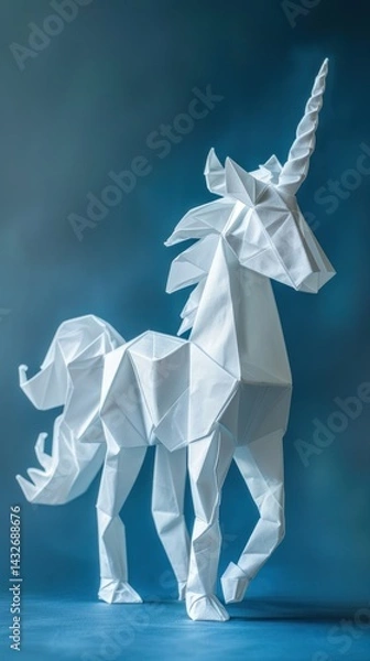 Fototapeta White Origami Unicorn on Blue Background