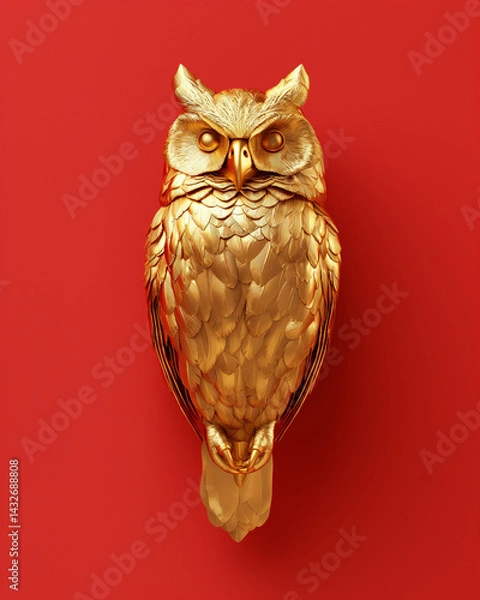 Fototapeta Golden Owl on Red Background with Reflections and Minimalist Elegance. Generative AI