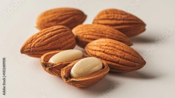Obraz The image showcases whole almonds with a few almonds split open, revealing a creamy white interior, on a clean white background.