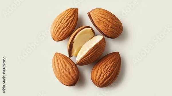 Obraz The image showcases whole almonds with a few almonds split open, revealing a creamy white interior, on a clean white background.
