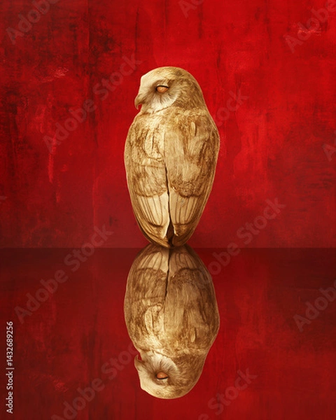 Fototapeta Golden Owl on Red Background with Reflections and Minimalist Elegance. Generative AI