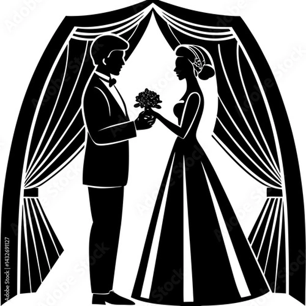 Fototapeta A silhouette of a couple standing at the altar, exchanging vows in a romantic and emotional moment 