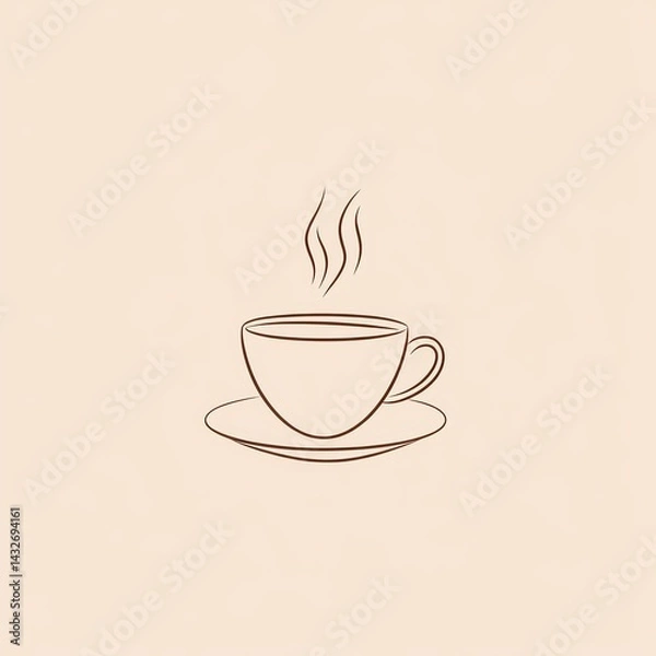 Fototapeta minimal coffee shop logo design, single line art of coffee cup with steam, neutral brown tones, cozy and modern style, sans-serif font.