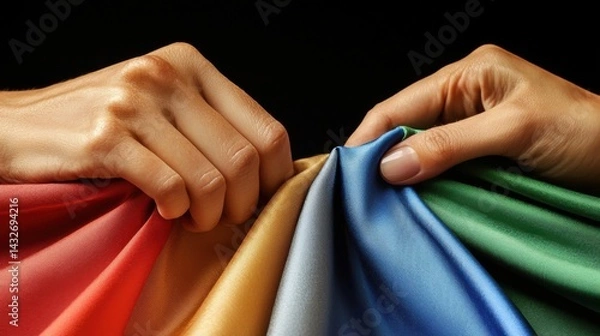 Fototapeta Seamstress working with silk fabric, fine detailing, traditional techniques.