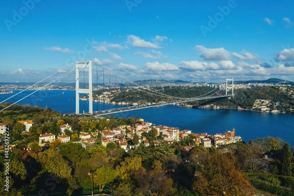Fototapeta Istanbul Bosphorus Bridge(July 15 Martyrs Bridge). Aerial view of the Bosphorus Bridge with drone on a cloudy day. Unique view of Istanbul. Turkiye.