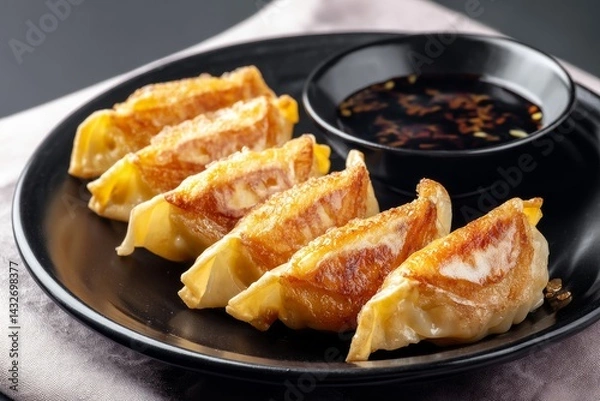 Obraz Dumplings fried or Gyoza with soy sauce on black plate, traditional style.