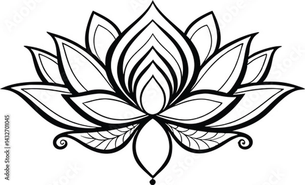 Obraz Black Silhouette Lotus Flower Designs for Tattoos and Yoga Logos. Unique Symmetrical Lotus Flower Art in Black Silhouette Style. Minimal Lotus Flower Silhouettes with Ornamental Petal Designs