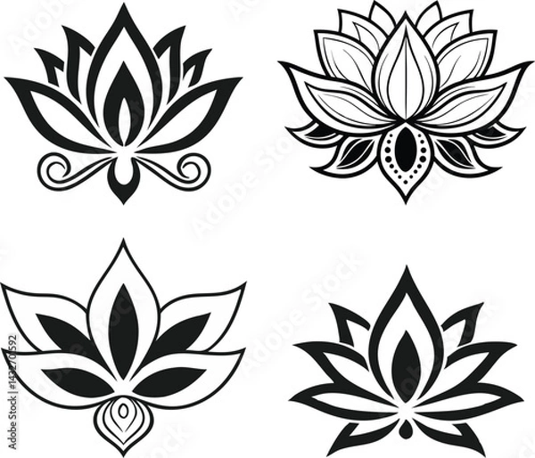Obraz Black Silhouette Lotus Flower Designs for Tattoos and Yoga Logos. Unique Symmetrical Lotus Flower Art in Black Silhouette Style. Minimal Lotus Flower Silhouettes with Ornamental Petal Designs