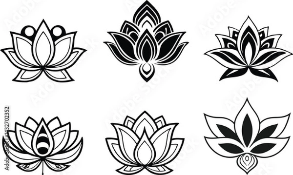 Obraz Black Silhouette Lotus Flower Designs for Tattoos and Yoga Logos. Unique Symmetrical Lotus Flower Art in Black Silhouette Style. Minimal Lotus Flower Silhouettes with Ornamental Petal Designs