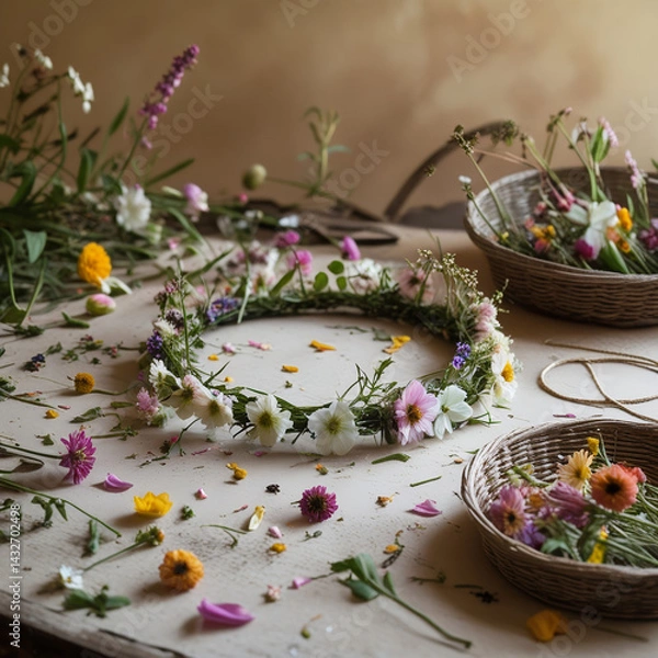 Obraz The scene depicts a gentle process of creating a wild flower crown, capturing whimsy, tranquility, and connection to nature in soft light, emphasizing textures and details.