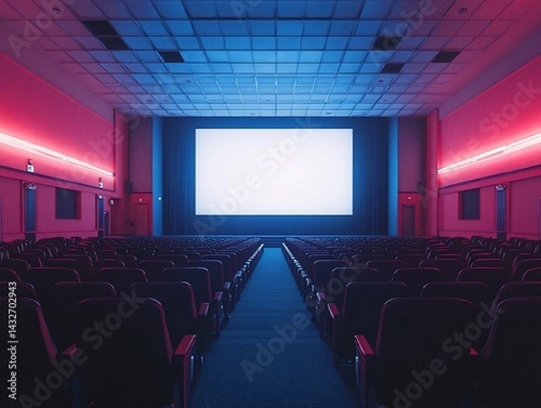 Obraz Empty movie theater with vibrant neon lighting.  Empty auditorium, ready for a film