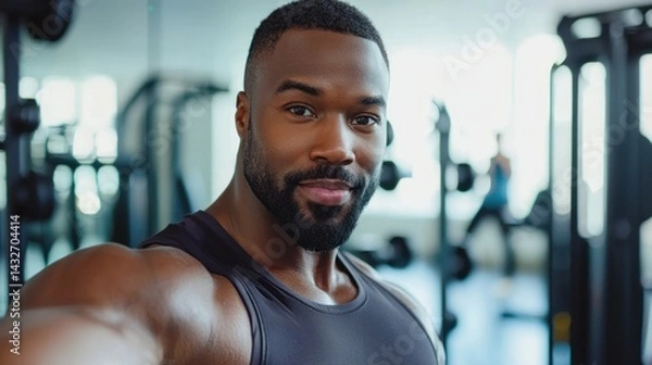 Fototapeta A fitness enthusiast taking a post-workout selfie in the gym with a clean background.