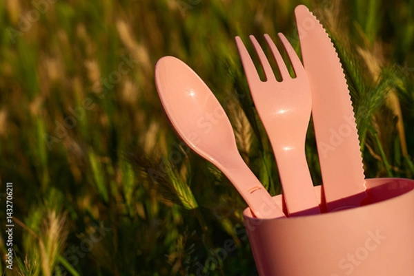 Obraz Orange plastic dinnerware set.Cup,fork,knife,spoon.Sunny meadow