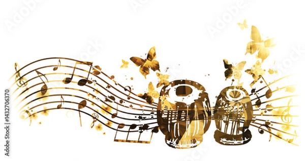 Obraz Indian Tabla with Music Notes and Butterflies Vector Illustration for Music Festival or Concert Poster