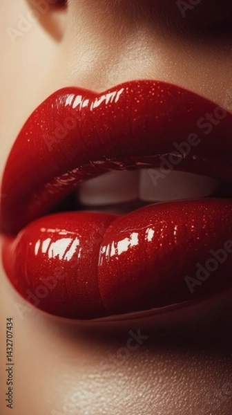 Obraz An ultra-close-up shot of perfectly shaped, plump, and soft lips, painted with a rich, glossy red lipstick
