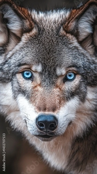 Obraz An ultra-detailed close-up macro shot of a grey wolf's face, capturing the sharp intensity of its ice-blue eyes