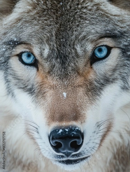 Obraz An ultra-detailed close-up macro shot of a grey wolf's face, capturing the sharp intensity of its ice-blue eyes