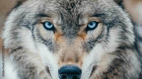 Obraz An ultra-detailed close-up macro shot of a grey wolf's face, capturing the sharp intensity of its ice-blue eyes
