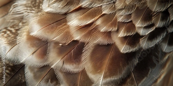 Obraz An ultra-detailed close-up of a hawks feather, showcasing the subtle mix of brown, grey, and white hues