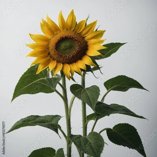 Fototapeta A wild sunflower with green leaves, white backdrop