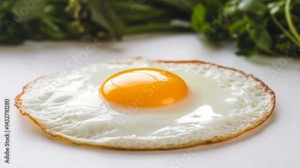 Obraz The image showcases a perfectly cooked sunny-side-up fried egg with a bright yellow yolk and crispy edges, arranged on a clean white background.