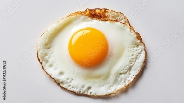 Obraz The image showcases a perfectly cooked sunny-side-up fried egg with a bright yellow yolk and crispy edges, arranged on a clean white background.