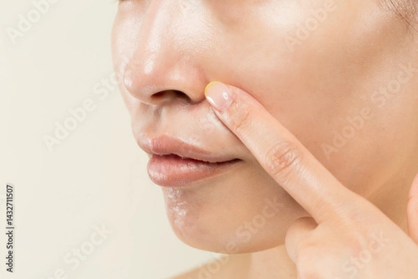 Obraz 鼻を指差す若いアジア人女性の顔のクローズアップ.