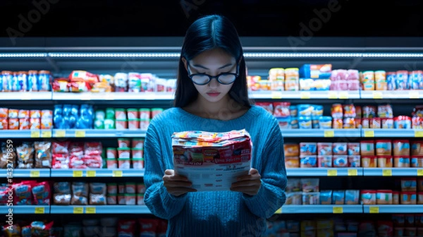 Obraz Young Woman Examining Food Package in Well Lit Grocery Store Aisles at Night
