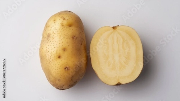Obraz A high-quality image of fresh yellow potatoes, including a whole potato and a sliced potato showing the smooth, light-yellow interior, displayed on a clean white background.