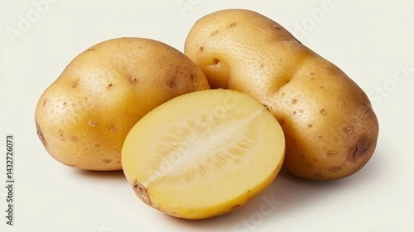 Obraz A high-quality image of fresh yellow potatoes, including a whole potato and a sliced potato showing the smooth, light-yellow interior, displayed on a clean white background.