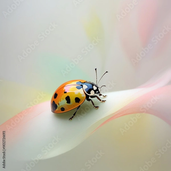 Fototapeta A hand-painted aquarelle photograph of a ladybug, adorned with soft colors and delicate features, creates a dreamy, ethereal portrait. The delicate ladybug is positioned in the middle of the image.