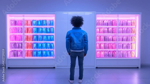 Obraz Person in Blue Jacket Standing Before Glowing Pink and Purple Product Displays