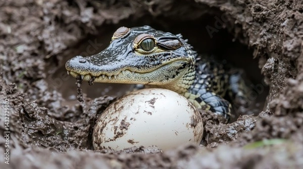 Fototapeta A baby crocodile hatching from an egg in a muddy nest