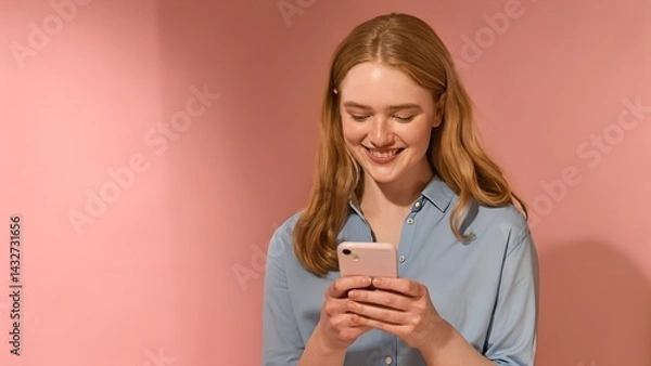 Obraz Young woman smiling while looking at her smartphone