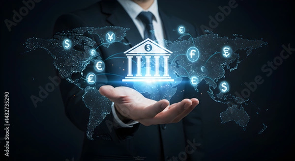 Fototapeta Businessman presenting holographic bank icon over global map with currency symbols, representing international finance, global banking, and fintech solutions