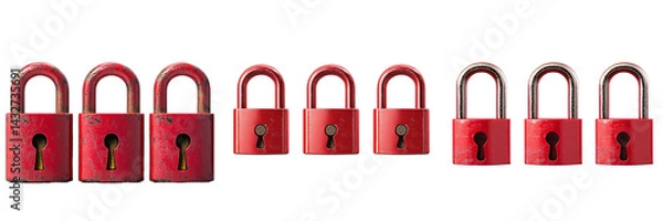 Fototapeta A set of three red padlocks in varying angles, isolated on a clean, white background for clarity and detail