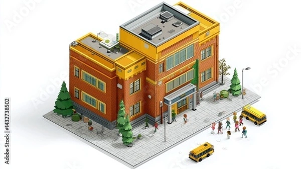 Obraz Stylized 3D isometric school building with happy students