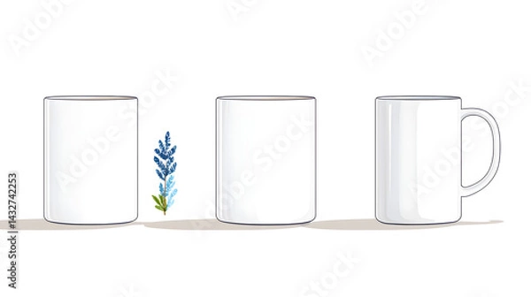 Fototapeta A side view of two empty white coffee cups, mugs, for hot drink concepts isolated against a transparent background 