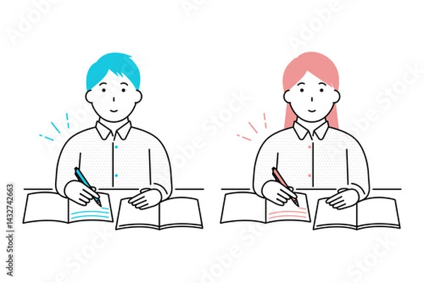 Obraz 資格所得やスキルアップなどのために勉強をする若い男性と女性のイラスト