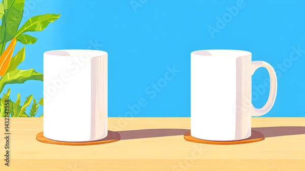 Fototapeta A side view of two empty white coffee cups, mugs, for hot drink concepts isolated against a transparent background 