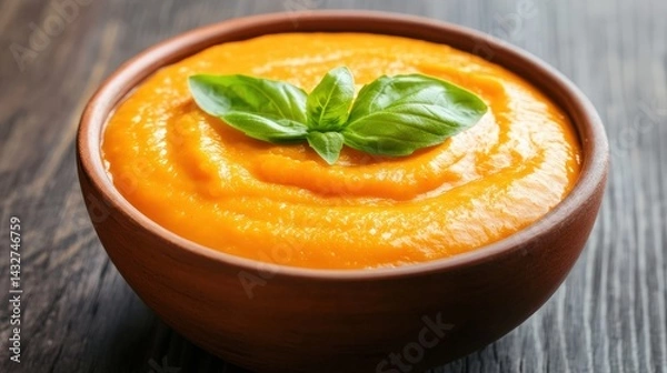 Fototapeta A creamy orange soup garnished with fresh basil, served in a rustic bowl, evoking warmth and comfort.