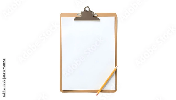 Obraz A realistic clipboard with a blank sheet of white paper and a lead pencil resting diagonally across it, isolated on a pure white background, showcasing a minimalistic and clean composition.
