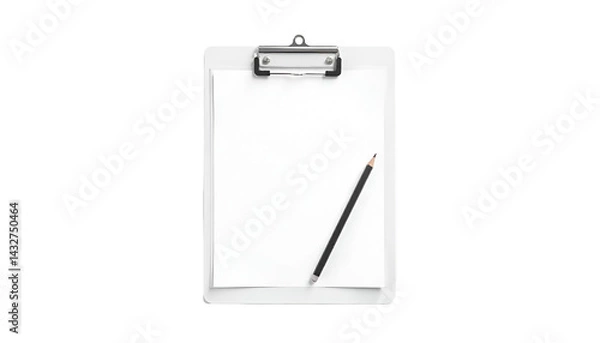 Fototapeta A realistic clipboard with a blank sheet of white paper and a lead pencil resting diagonally across it, isolated on a pure white background, showcasing a minimalistic and clean composition.
