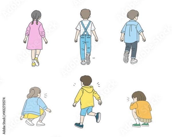 Fototapeta 後ろ姿の子供たちのイラストセット