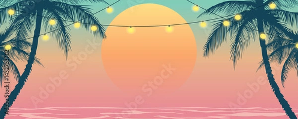 Fototapeta Evening beach with palm trees at sunset. Palm trees with garlands on a paradise beach. Beach party. Palm trees with lanterns on the ocean shore. Vector holiday illustration for vacation design.
