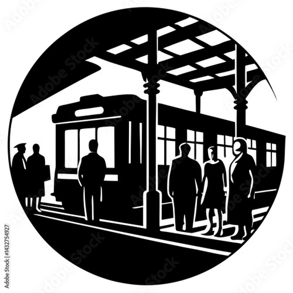 Obraz Silhouette of a train station with passengers waiting on the platform