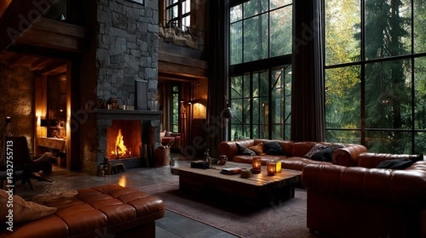 Fototapeta Rustic lodge interior with fireplace and forest views